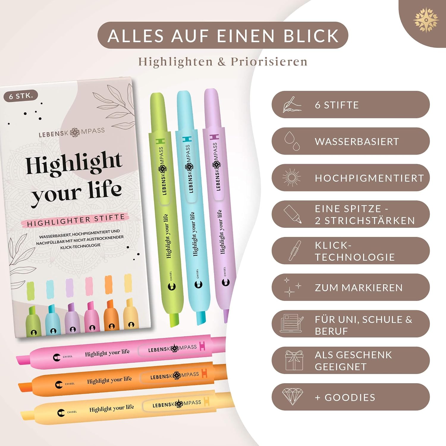 Detalle 2 de LEBENSKOMPASS Textmarker Set mit Klick-Technologie – 6 Pastell-Highlighter für Schule, Uni, Büro