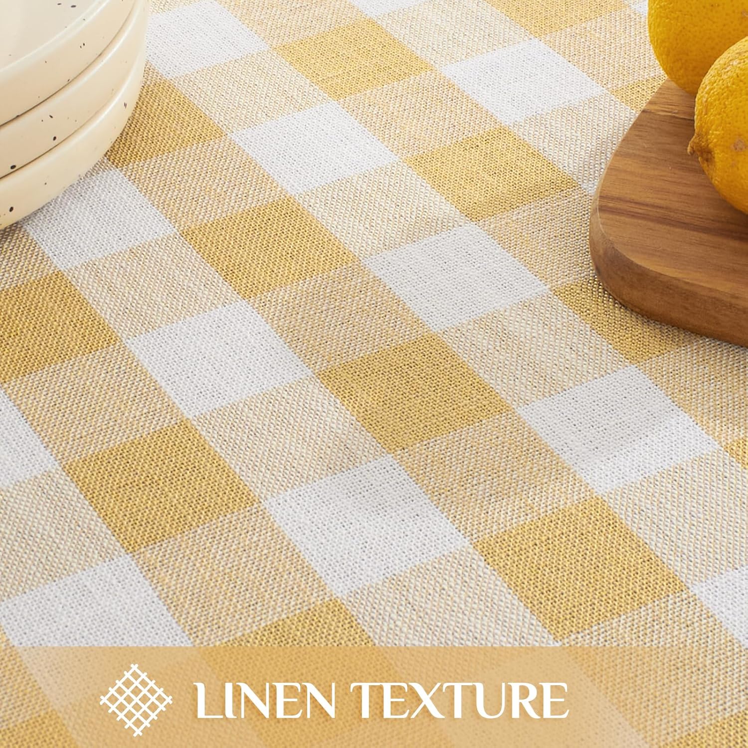 Thumbnail 3 de Softalker Checkered Tablecloth Square, 55 x 55 Inch, Yellow Buffalo Plaid Outdoor Linen-Cotton with Tassels