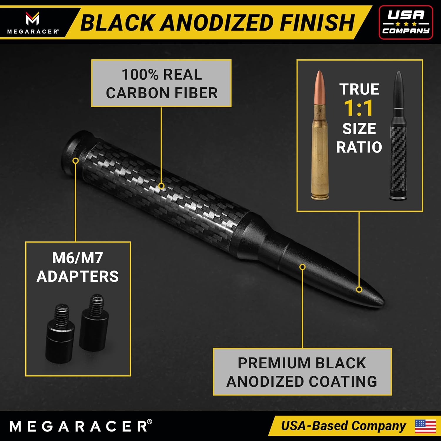 Thumbnail 3 de Anodized Black Carbon Fiber 50 Cal Bullet Antenna for Chevy Silverado & GMC Sierra (1999-2026) – Billet Aluminum Short Replacement