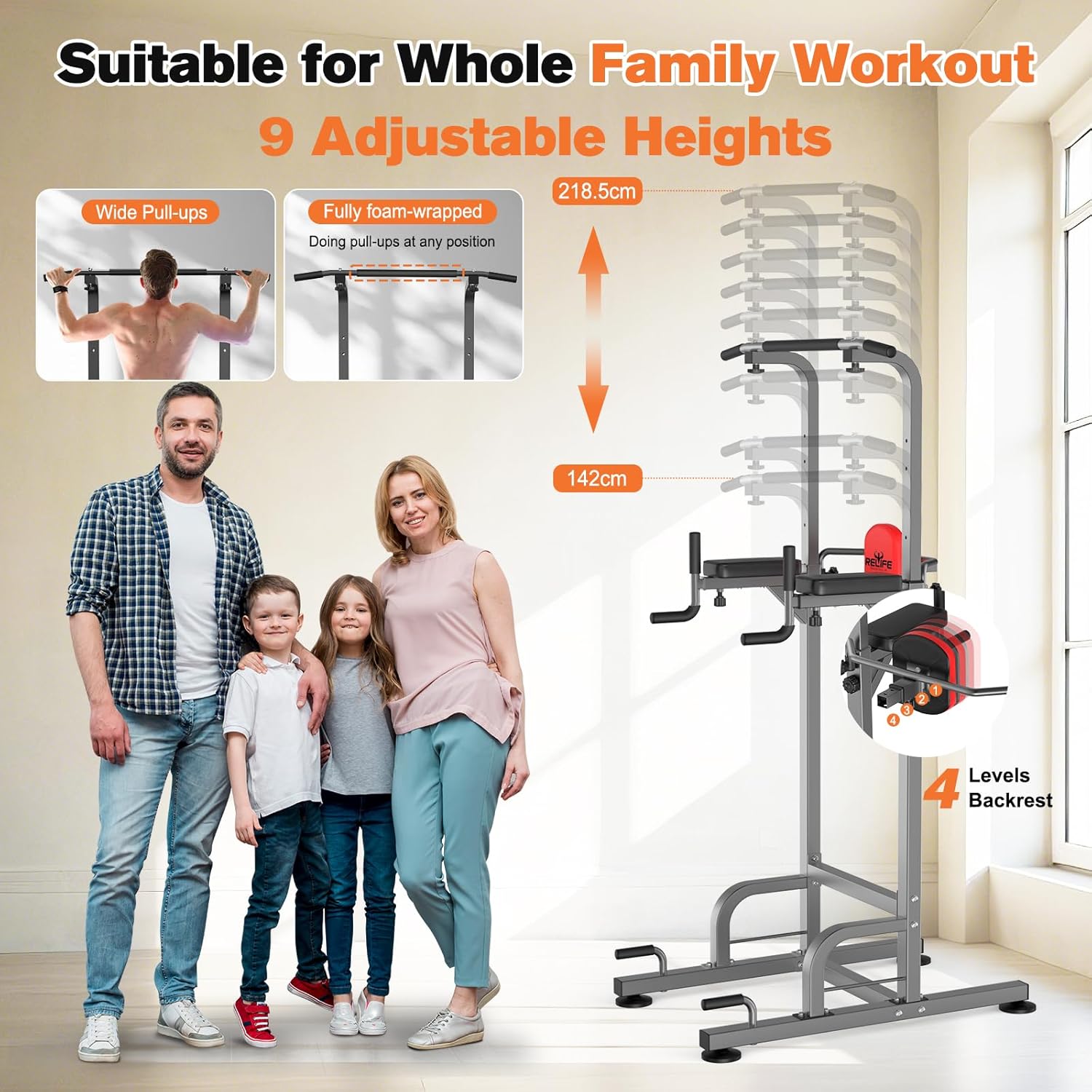 Detalle de RELIFE REBUILD YOUR LIFE Power Tower Klimmzüge & Dips – höhenverstellbare Multifunktions-Kraftstation (Grau) bis 180 kg
