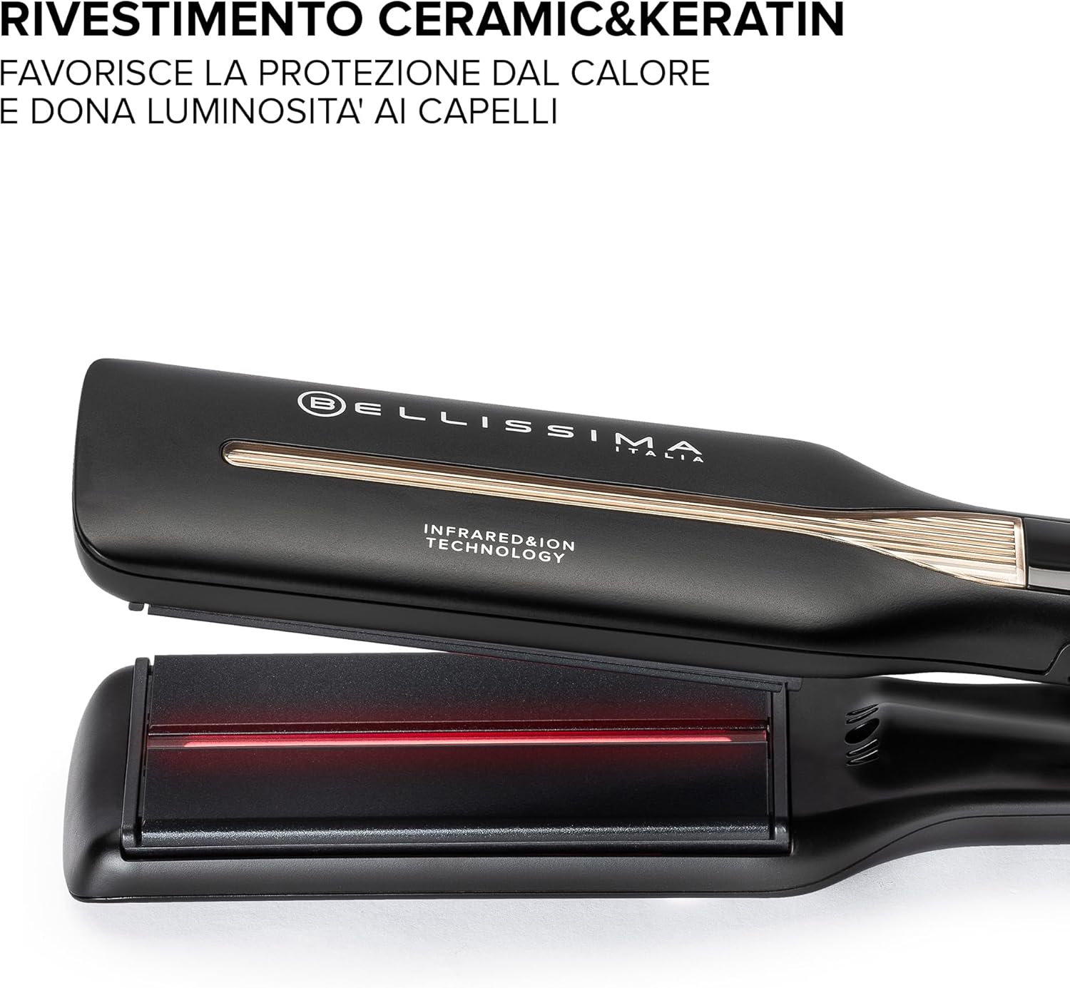 Detalle de Bellissima Imetec Absolute: piastra professionale 4XL con infrarossi, ioni e controllo del calore