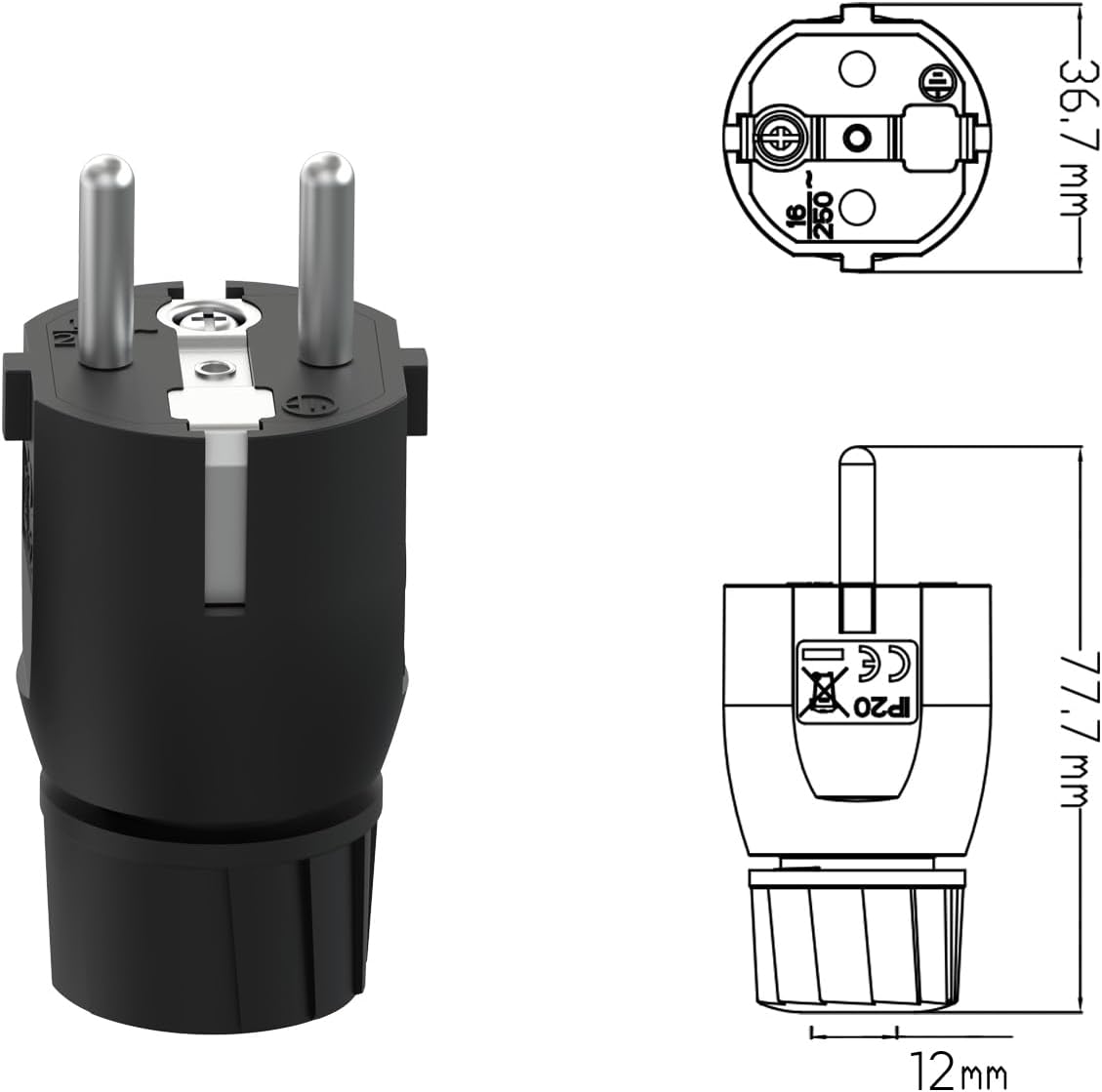 Thumbnail 1 de TEMOLink Schuko Stecker (Gerade) mit Knickschutz – 3er-Set für Kabel bis 2,5 mm², IP20, schwarz