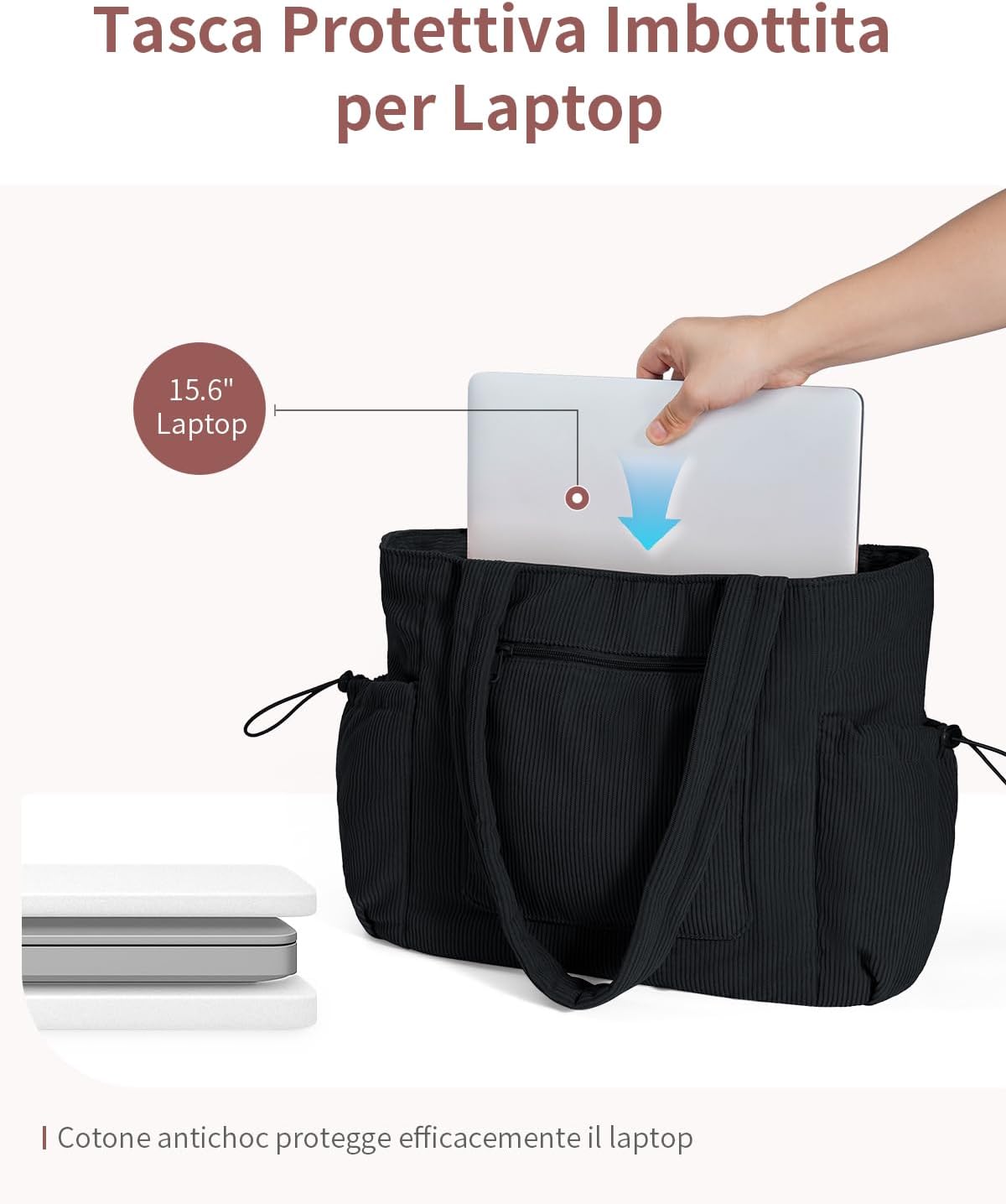 Detalle de ECOHUB Tote Bag in velluto a coste con cerniera e multitasche