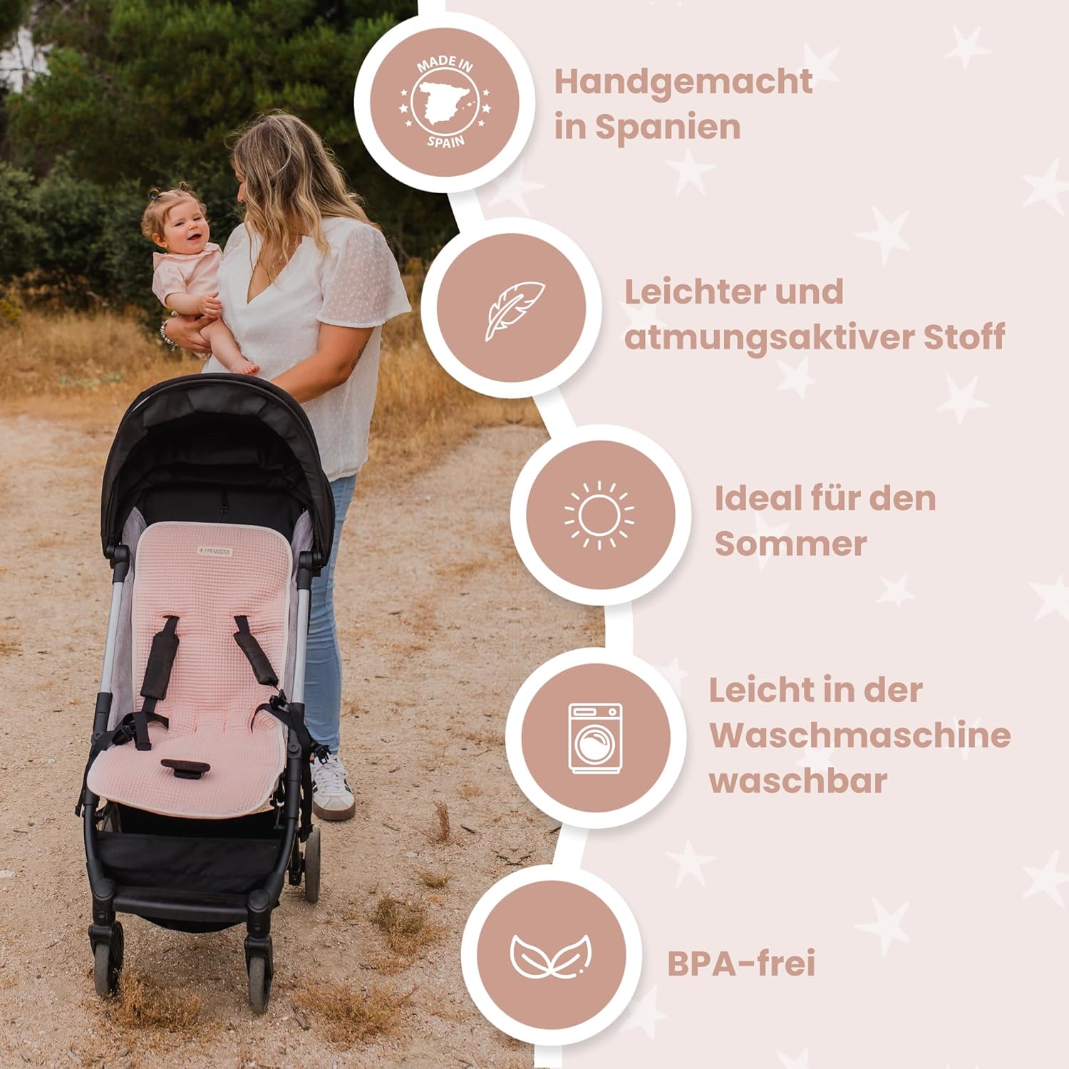 Detalle de MIMUSELINA Universal Kinderwagen Sitzauflage aus 100% Baumwolle OEKO-TEX – atmungsaktiv, waschbar und Made in Portugal