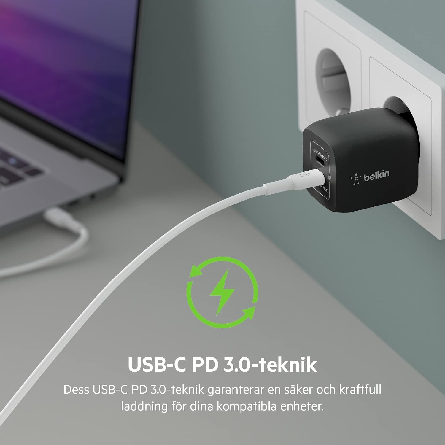 Thumbnail 6 de Belkin 45 W dubbel USB-C-väggladdare med GaN och Power Delivery 3.0