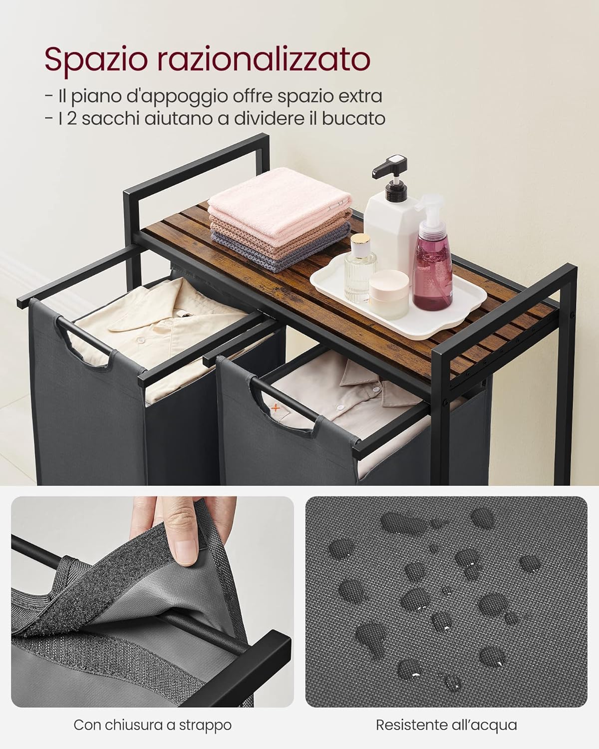 Thumbnail 3 de VASAGLE BLH201G01 cesto portabiancheria con 2 sacchi rimovibili da 46 L (tot. 92 L), grigio ardesia e marrone vintage