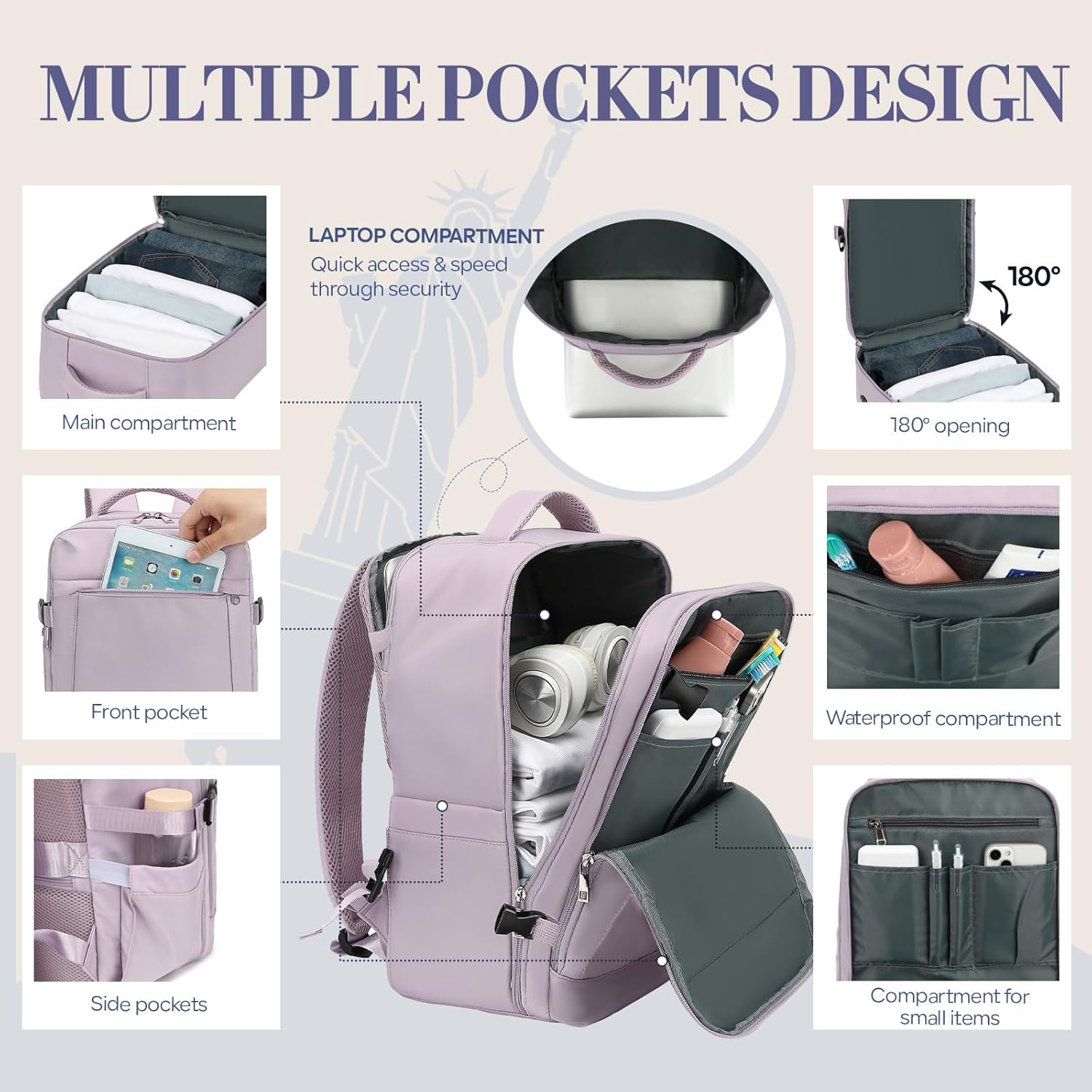 Thumbnail 4 de Yankony for Ryanair Cabin Bags 55x40x20 Large Travel Backpack — 44L Carry-On with 180° Unfold and Multi-Pocket Design