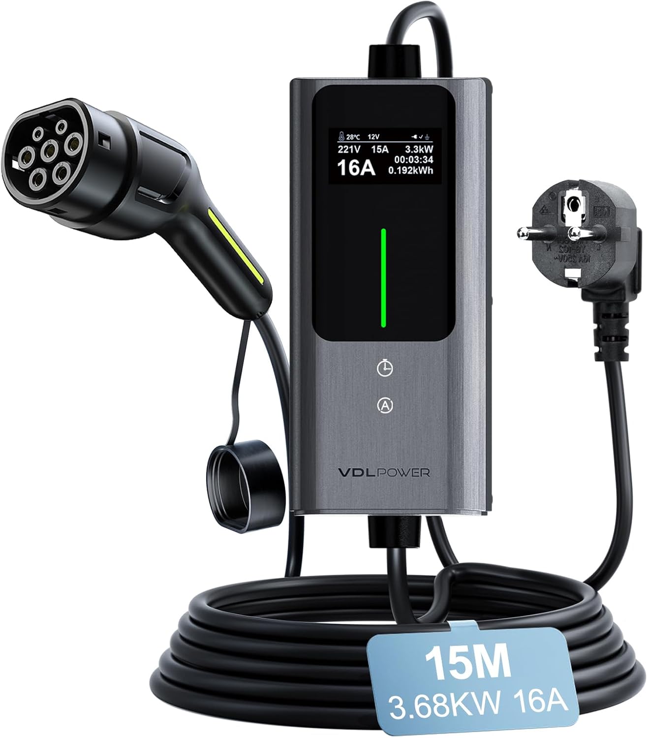 VDLPOWERVP Chargeur Voiture Électrique 3,6 kW – Type 2, câble 15 m, IP65, courant 6–16 A