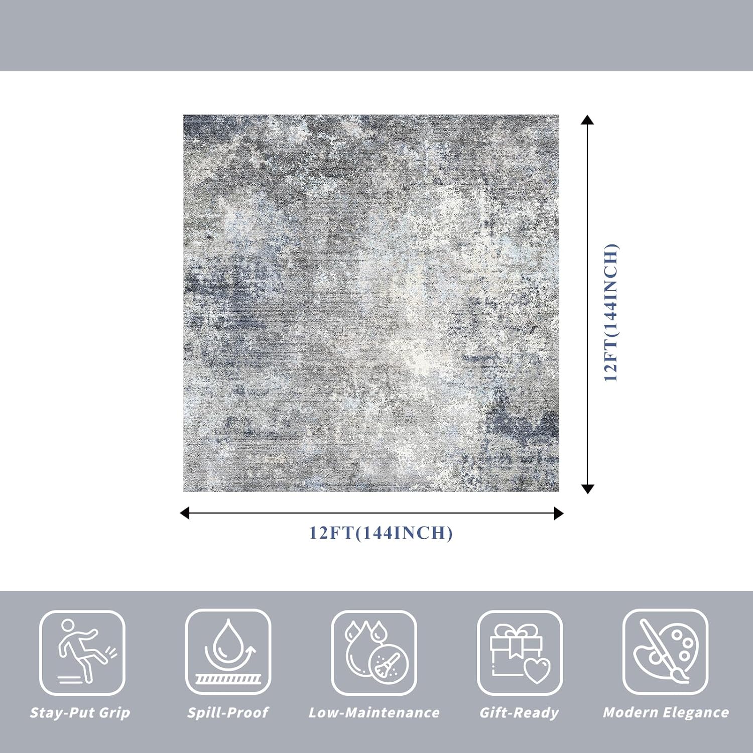 Detalle de BYYVOO 12x12 Square Area Rug for Living Room – Washable, Non-Slip, Modern Abstract in Blue Gray