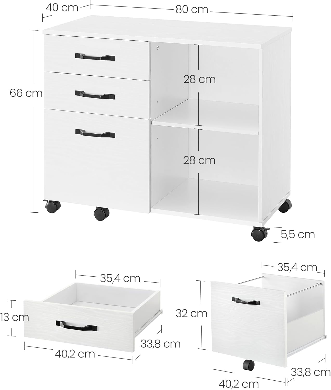 Detalle de VASAGLE Rollcontainer OFC041W46 – Aktenschrank mit 3 Schubladen, Druckerständer, Rollen, weiß mit Holzmaserung