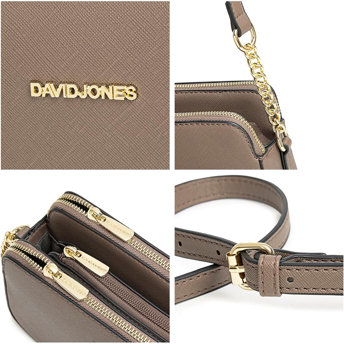 Thumbnail 4 de David Jones Petit sac bandoulière femme en cuir PU rigide avec chaînes — 3 compartiments marron taupe