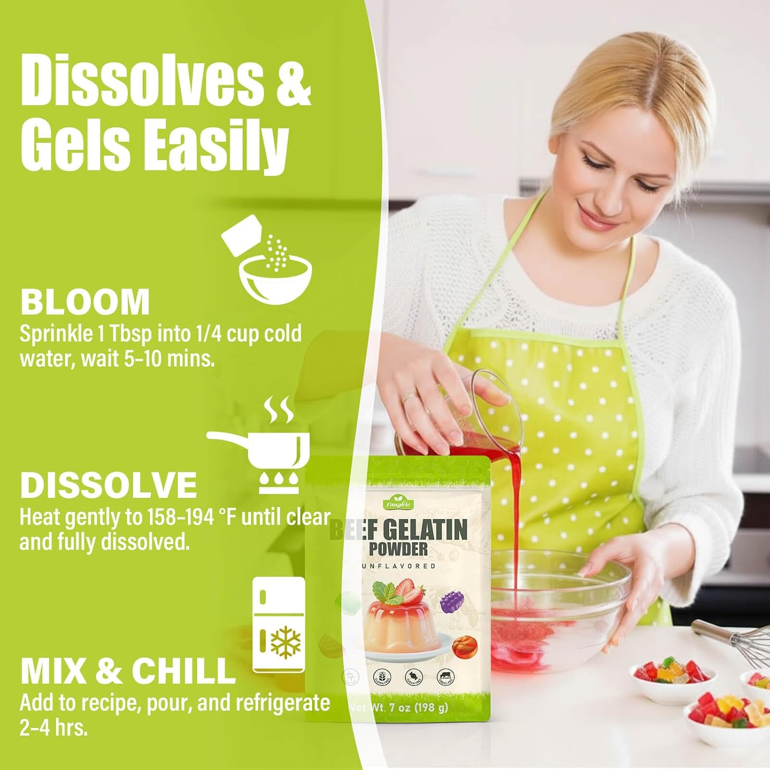 Detalle de Fangkic Beef Gelatin Powder, Unflavored Grass-Fed Thickener, 7 oz/198 g
