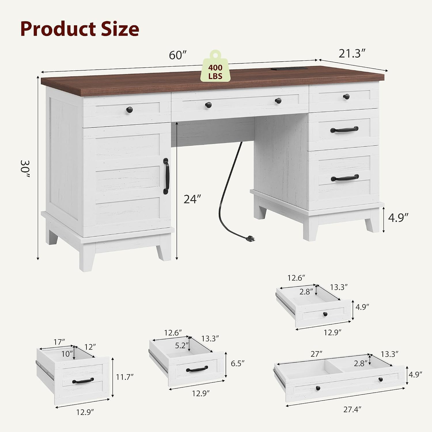 Detalle de WildVenture c4t-LSezHhELNy3OM-16sMdBbTL-N Farmhouse Desk, 60-inch, Vintage White