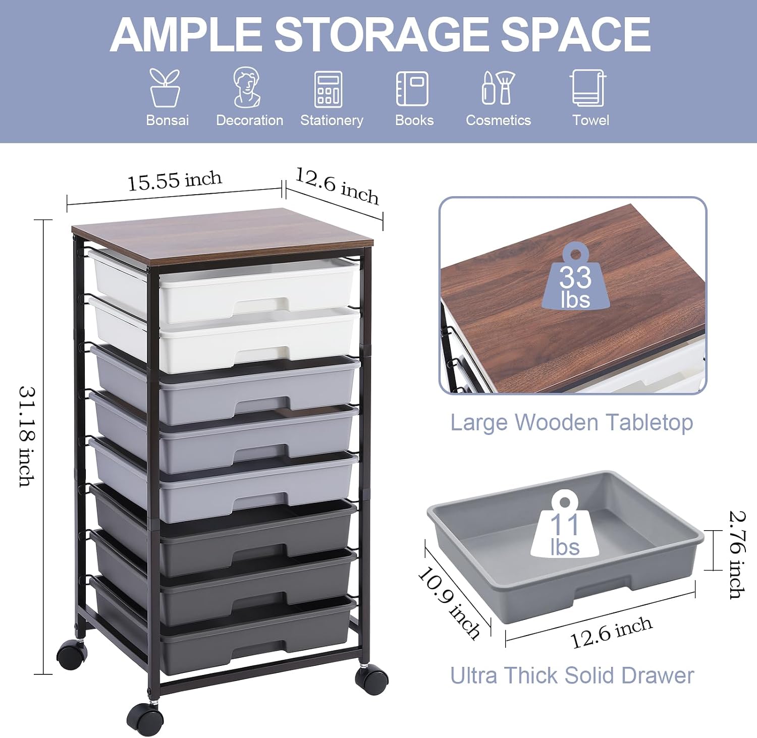 Detalle 2 de SYKIARIOL 1250-5 8-Drawer Rolling Utility Cart with Wooden Top