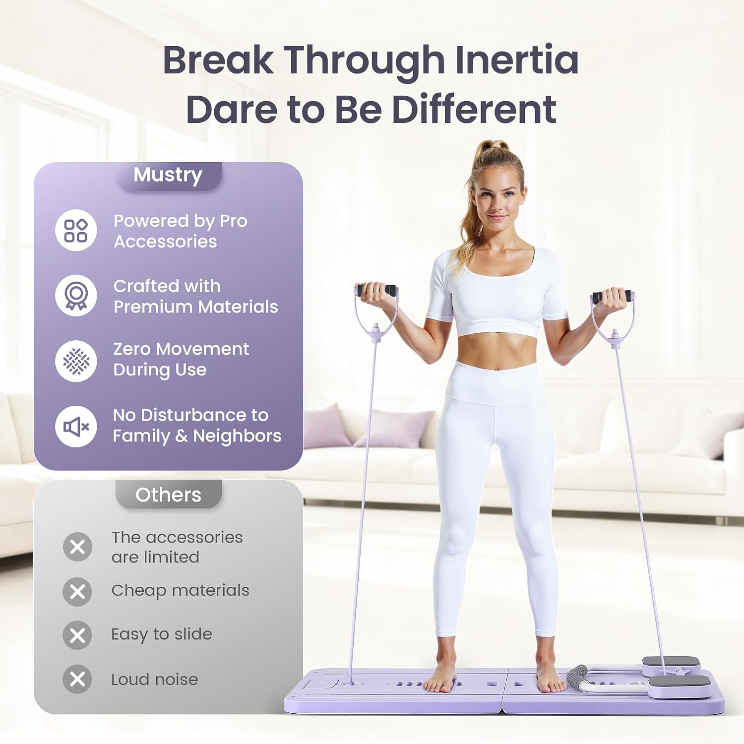 Detalle de mustry Pilates Reformer Machine, 5-in-1 Home Trainer with Auto-Rebound