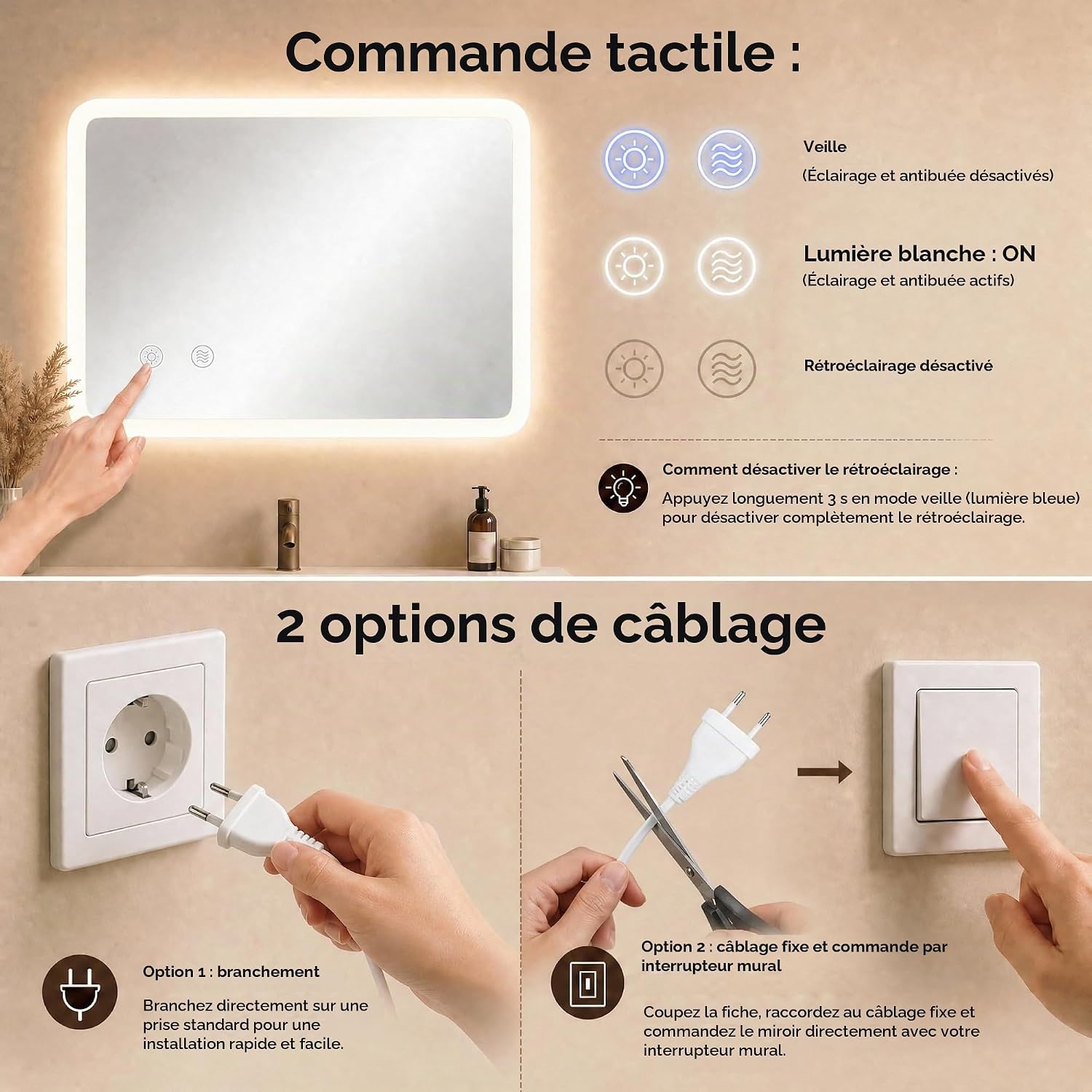 Detalle de Clevich PSMIR-10060-1 led-badkamerspiegel 100 x 60 cm, dimbaar en anti-condens
