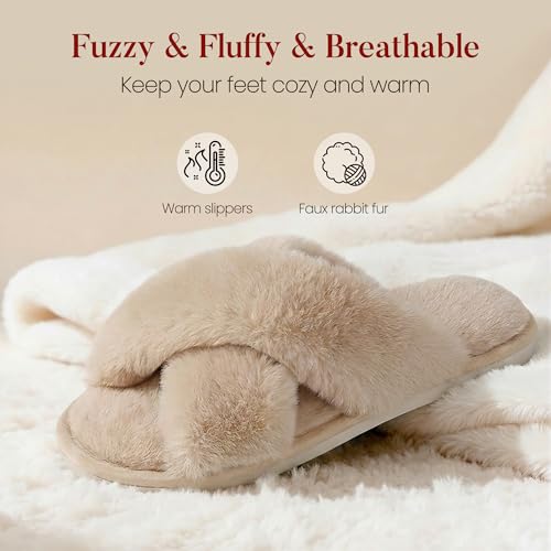 Thumbnail 2 de Ankis Women Camel Fluffy Slippers: Cross Band Furry Open Toe, Cozy Plush Home Shoes