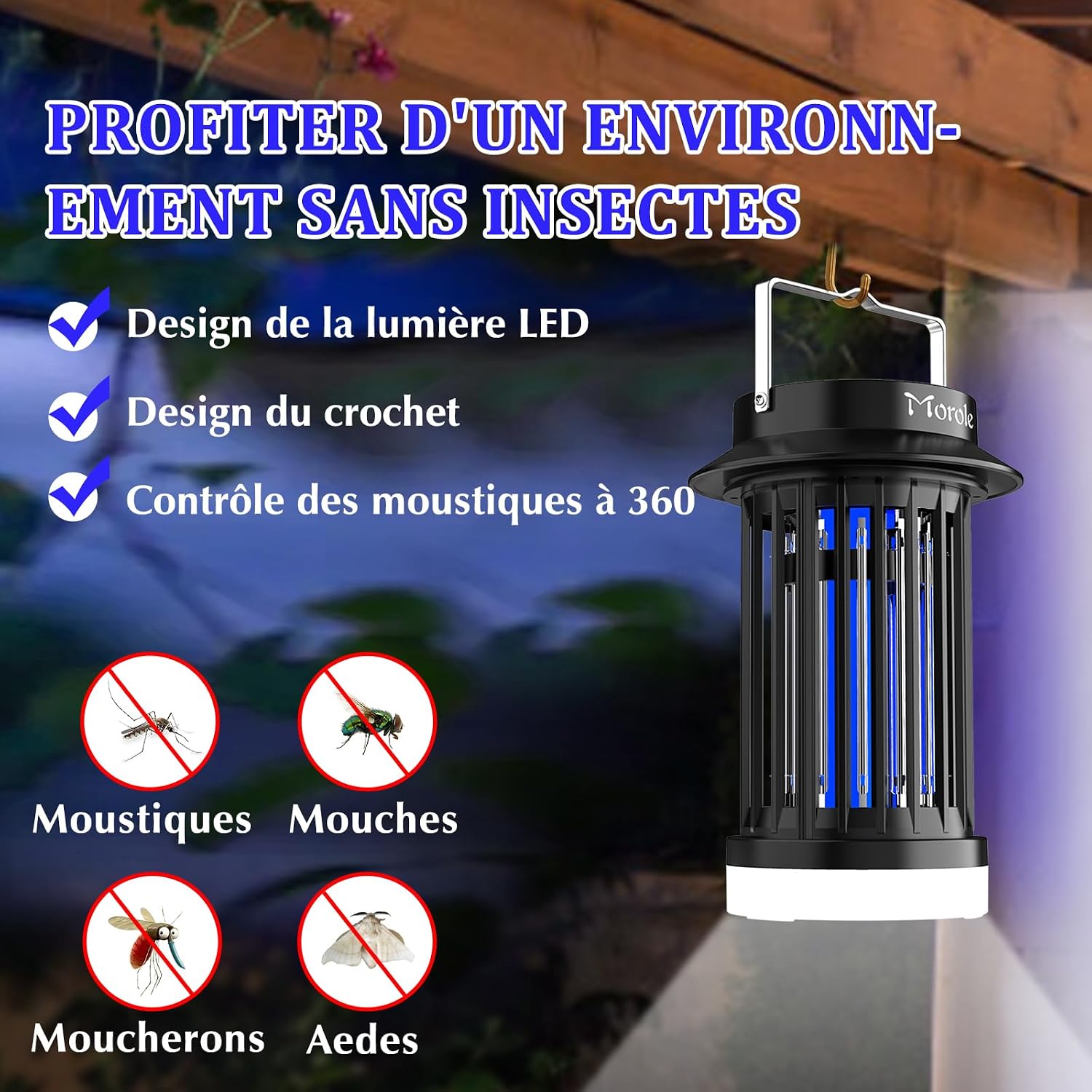 Detalle de Morole 2 en 1 Lampe Anti-Moustique Rechargeable USB-C avec LED — 4200V, Portable
