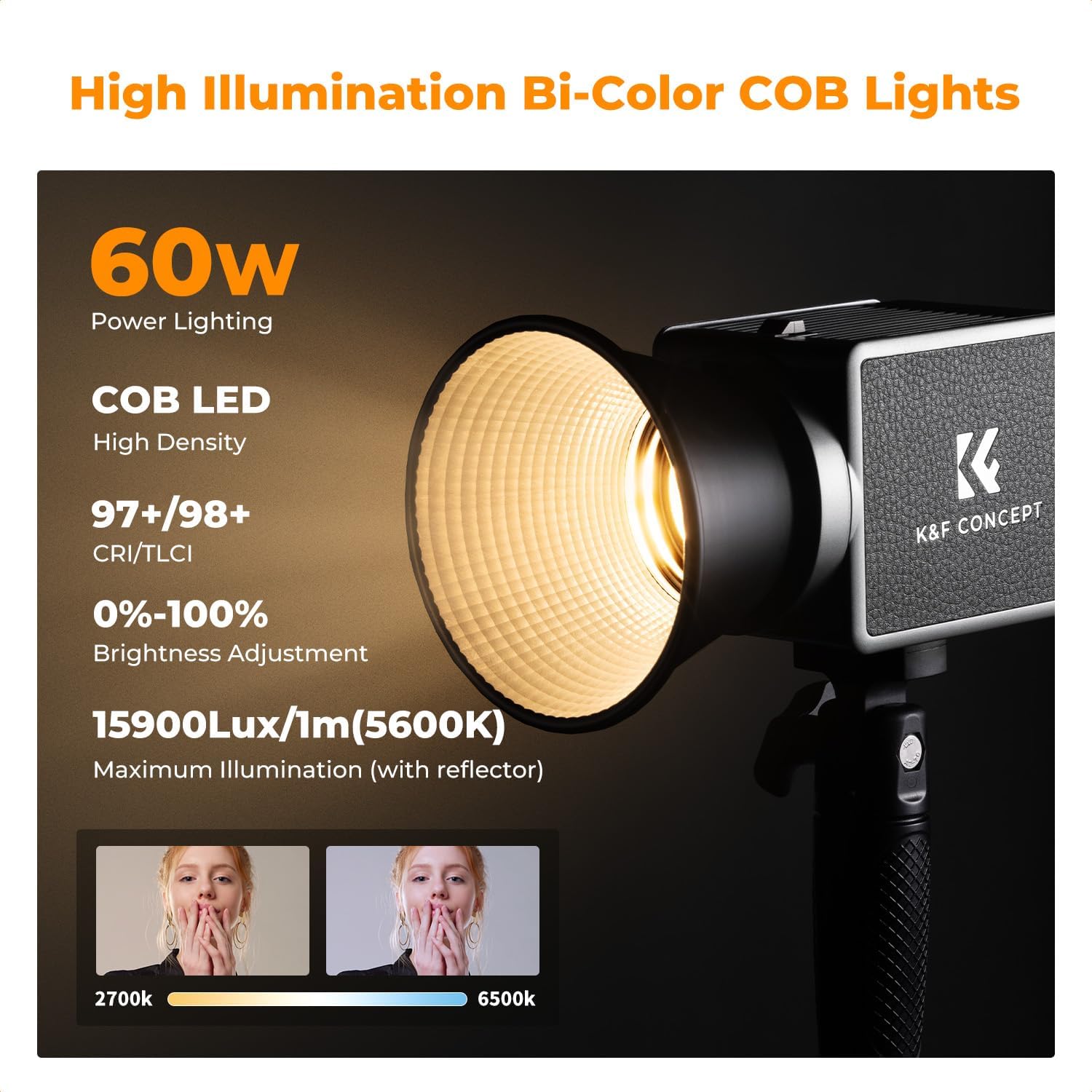 Detalle de K&F CONCEPT 60W COB Video Light with Built-in 4500mAh Battery