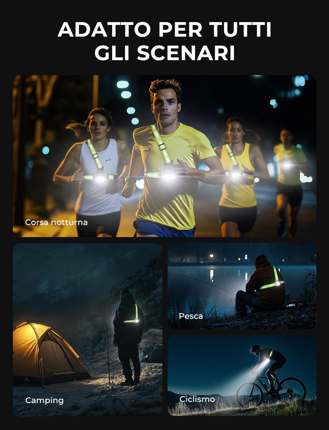 Thumbnail 6 de Rolgno Luce Running con Strisce Riflettenti, 500 Lumen – USB ricaricabile, 7 modalità, 45° regolabile, IPX4