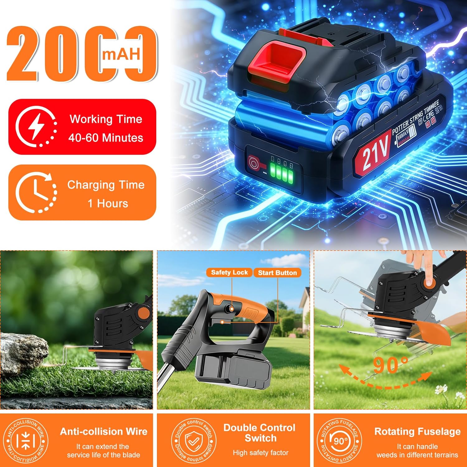Detalle de Cordless Strimmer 21V Electric Grass Trimmer with 2x2.0Ah Battery – 880W, 12,000 RPM, 15cm Cut, Metal Blades