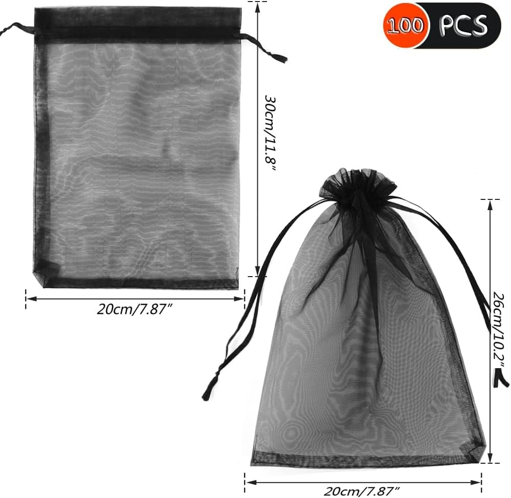 Detalle 2 de YFZYT 100 PCS Organza Gift Bags 20 x 30 cm – Drawstring Jewellery & Gift Pouches (Black)