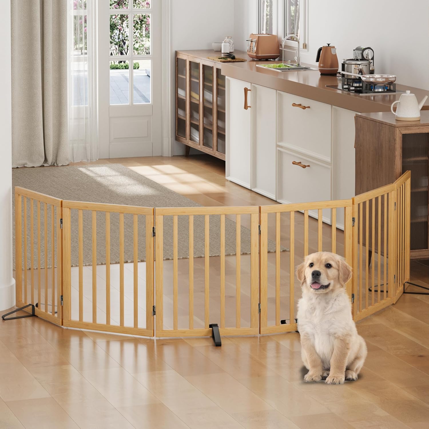 Algherohein Foldable Dog Gate for Doorways (Natural) – Indoor Pet Gate with 6 Panels