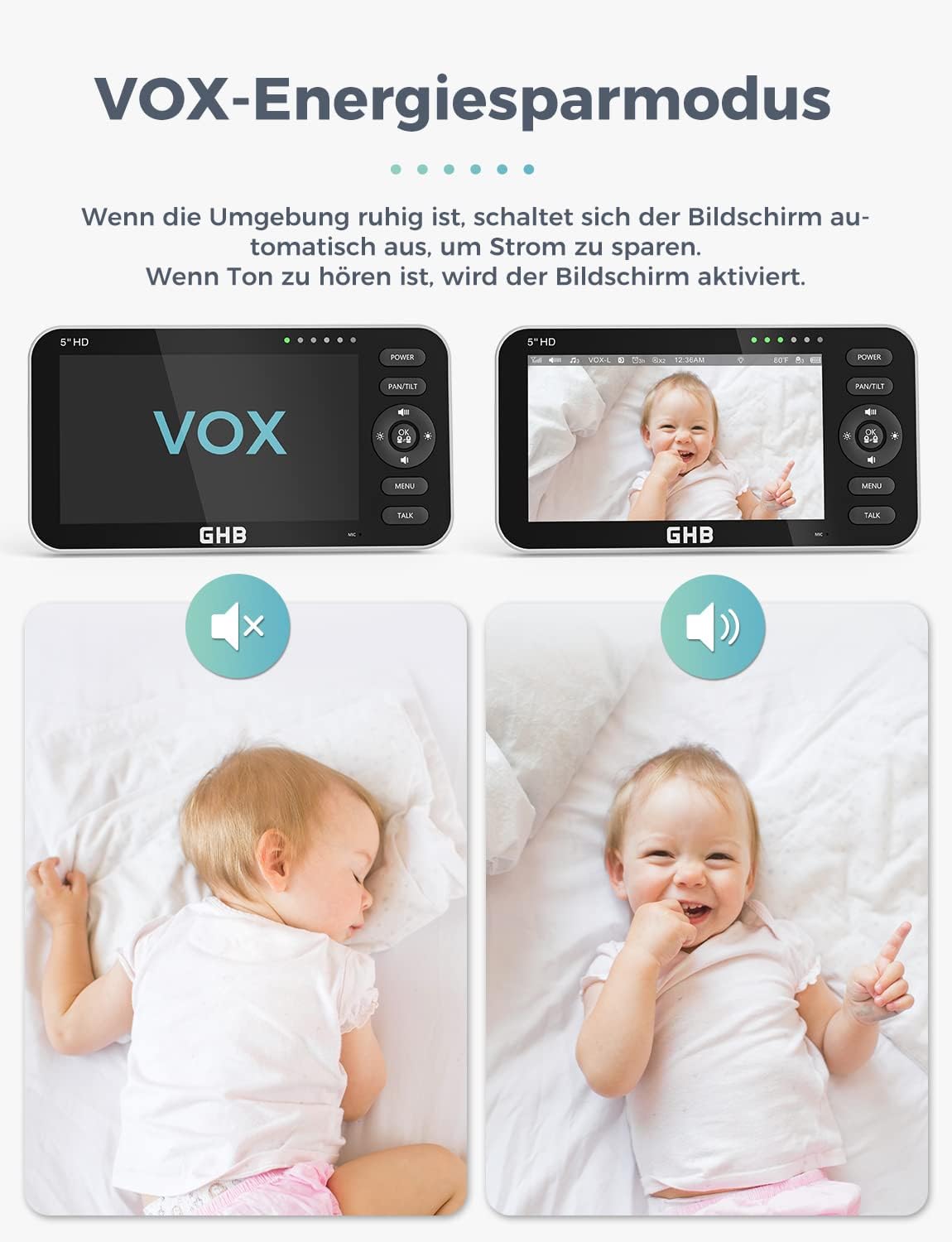 Detalle 2 de GHB Babyphone mit Kamera 5 Zoll – 720P HD Display, VOX Schlafmodus und 168 Stunden Akkulaufzeit