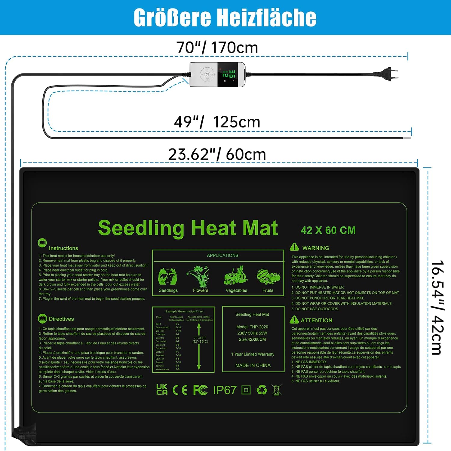 Detalle de WADEO Heizmatte für Pflanzen groß (55 W) mit Thermostat, 60 x 42 cm, Timerfunktion