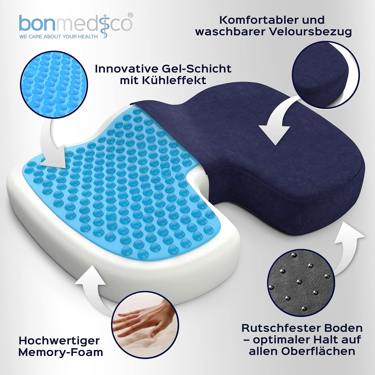 Detalle de bonmedico Sitzkissen orthopädisch – Memory Foam Gel, 48×36×9,5 cm