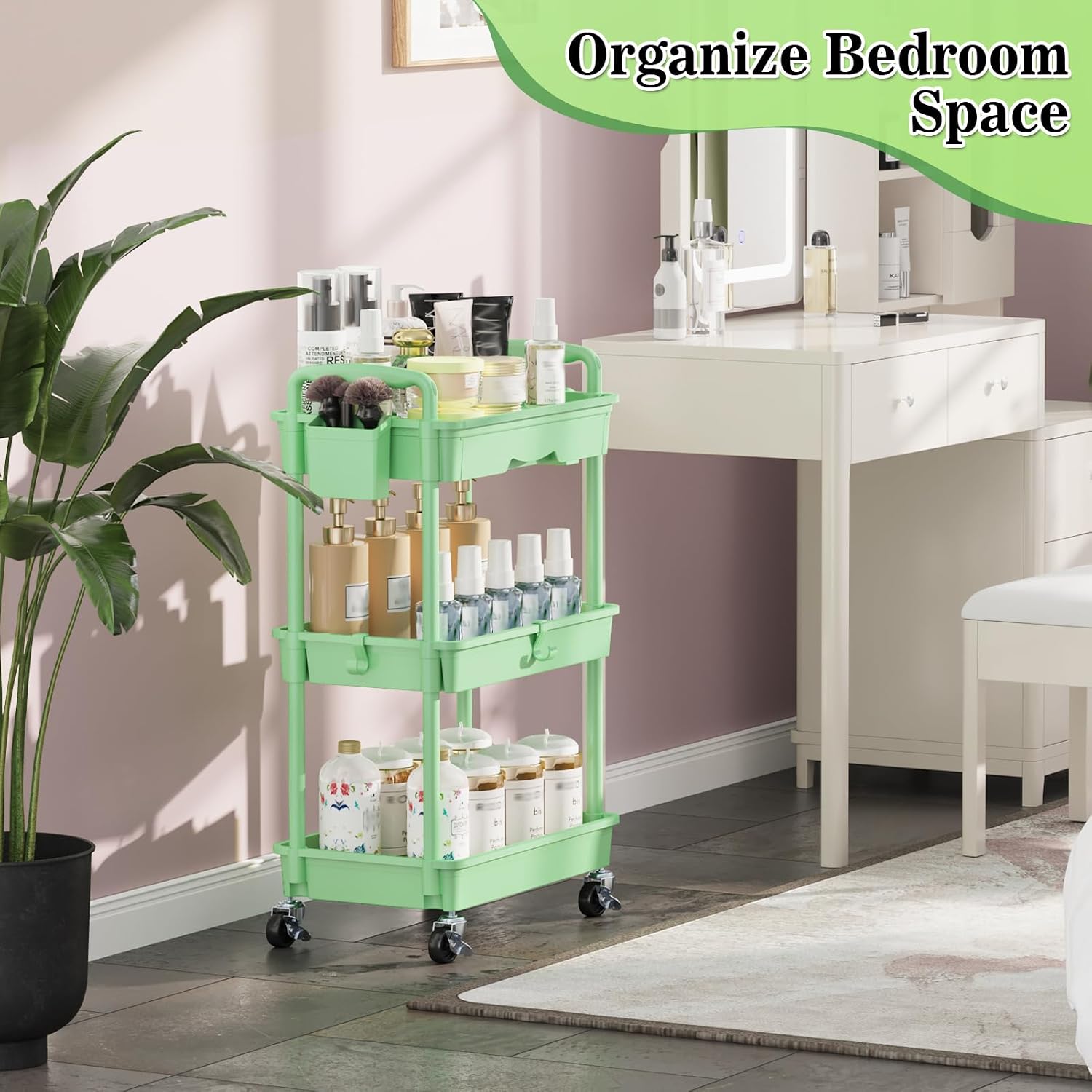Thumbnail 6 de SUNALLY 3-Tier Rolling Cart with Drawer, Green, 4 Swivel Wheels