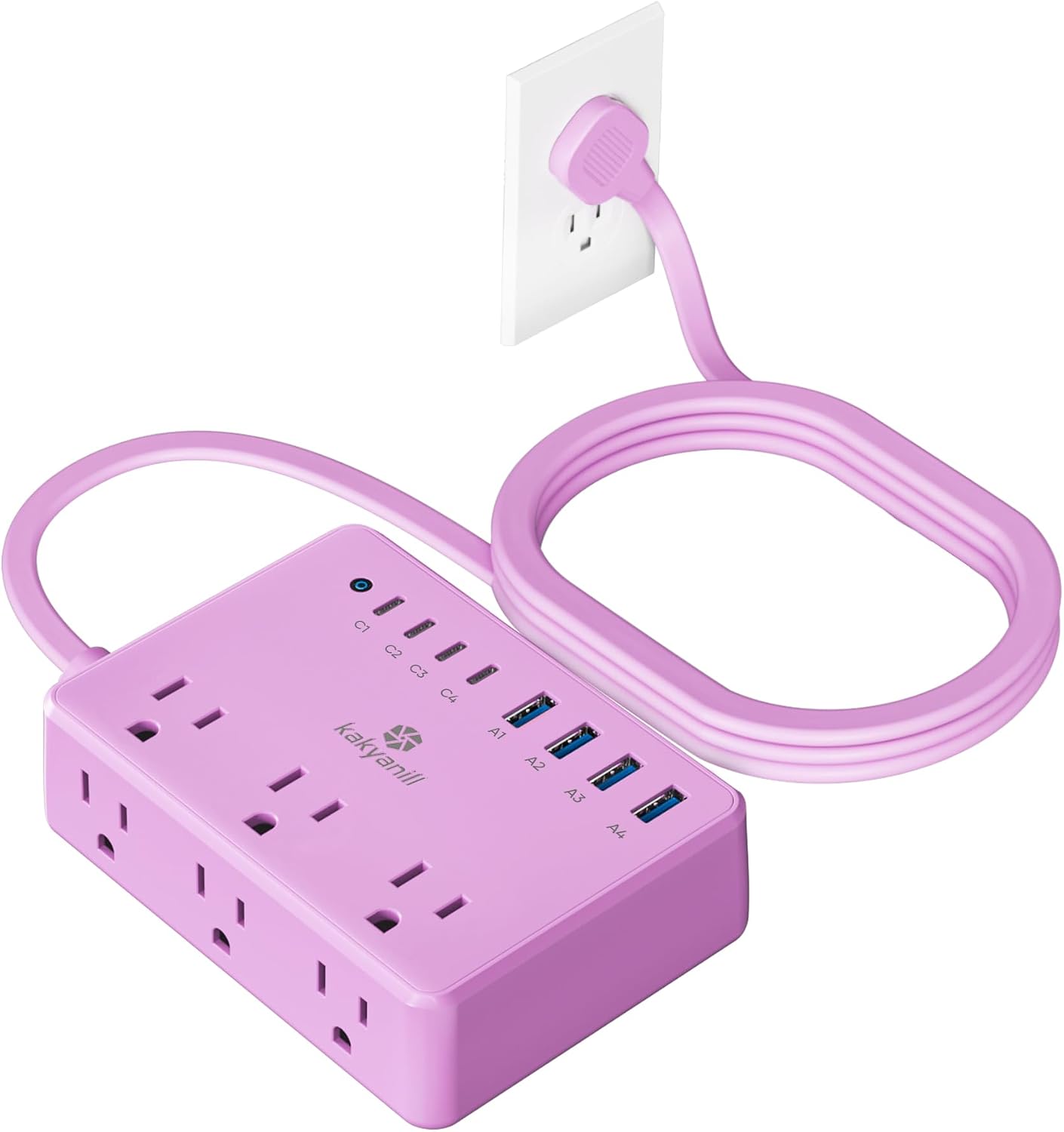 Detalle de Kakyanill DM6 Power Strip, 6 AC Outlets, 8 USB Ports, Purple, 5-Foot Cord
