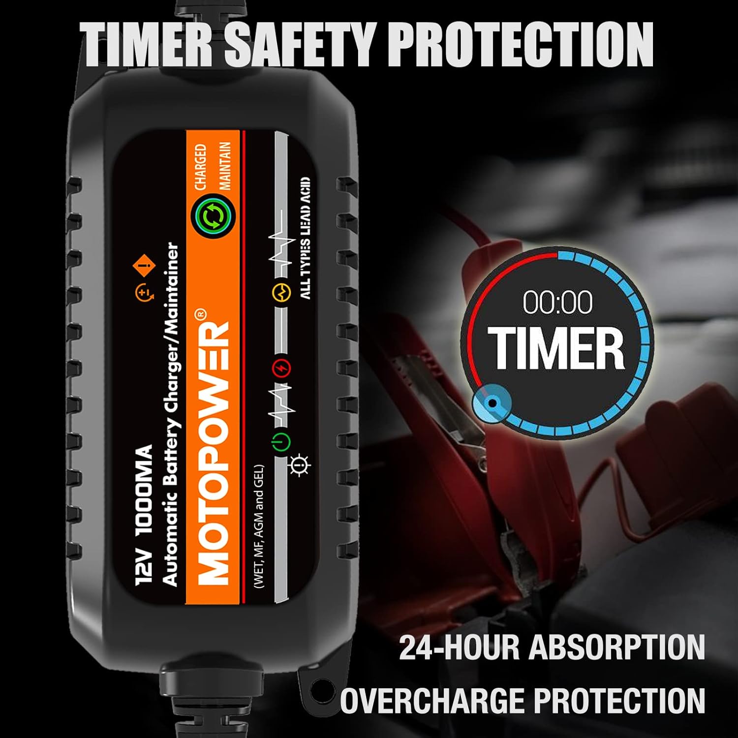 Thumbnail 4 de MOTOPOWER MP00205B 12V 1000mA chargeur/mainteneur de batterie automatique (noir)