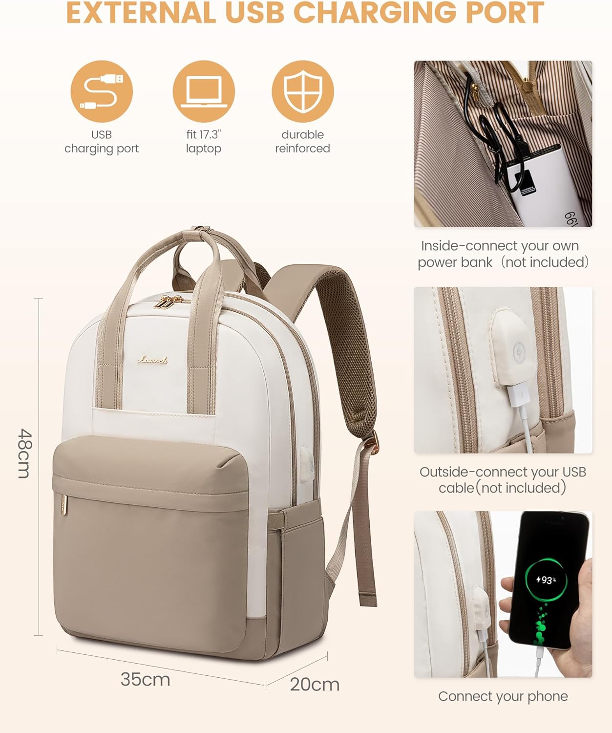 Detalle de LOVEVOOK Damen-Rucksack Groß mit 17,3-Zoll-Laptopfach – wasserdichter Daypack für Schule, Büro und Reise