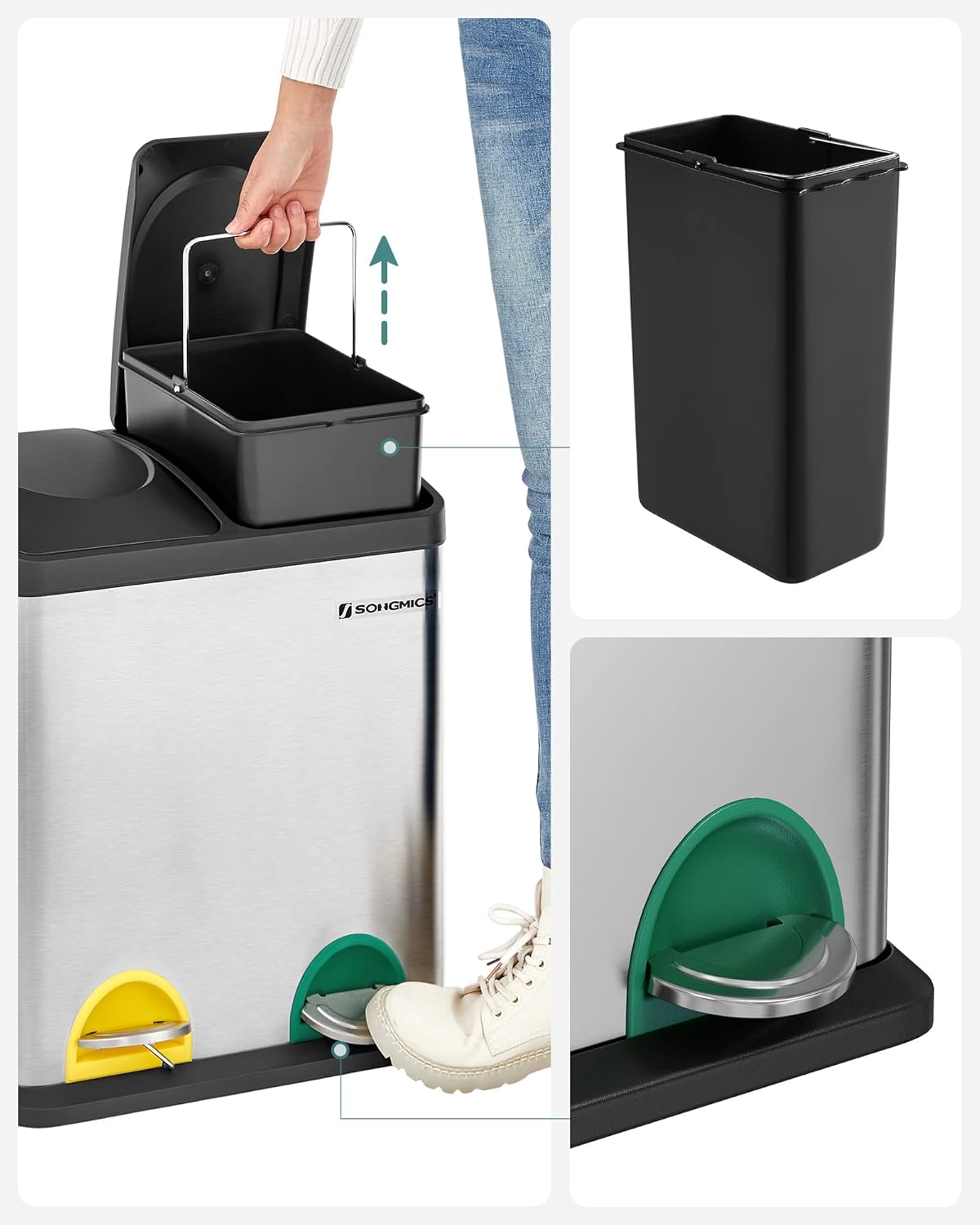 Detalle de SONGMICS Pattumiera di riciclaggio 30 l con 2 pedali e 2 scomparti (2 x 15 l) in argento e nero
