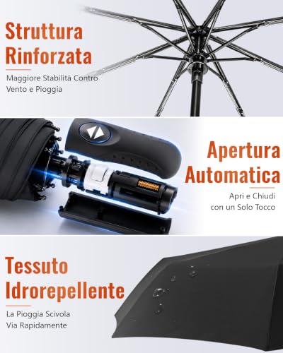 Thumbnail 2 de HW CASA ombrello pieghevole antivento da 105 cm, apertura automatica, 8 stecche in fibra di vetro