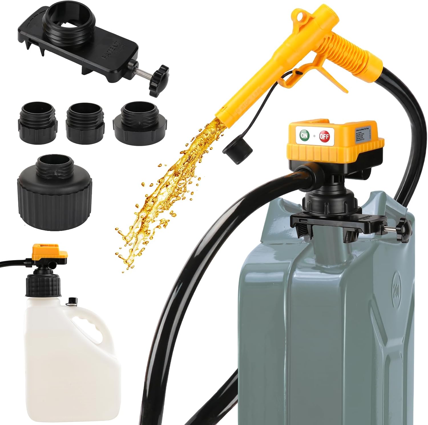 Detalle de DEMAKIMI 4.5 GPM Cordless Fuel Transfer Pump with 51" PVC Hose, 4 Adapters, Auto-Stop & Battery Compatibility (Bare Tool)