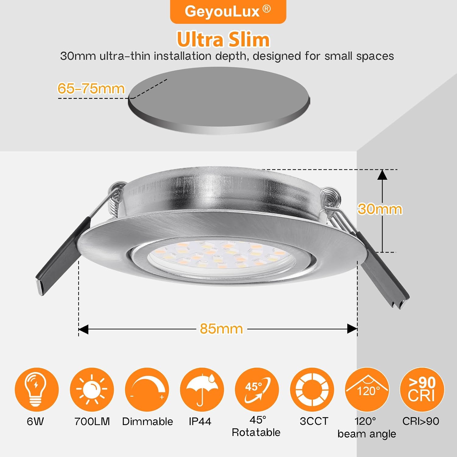 Thumbnail 2 de GeyouLux LED Einbaustrahler 230V 6W IP44 (6er-Set) dimmbar, 3CCT 45° schwenkbar – 65–75 mm EinbauØ