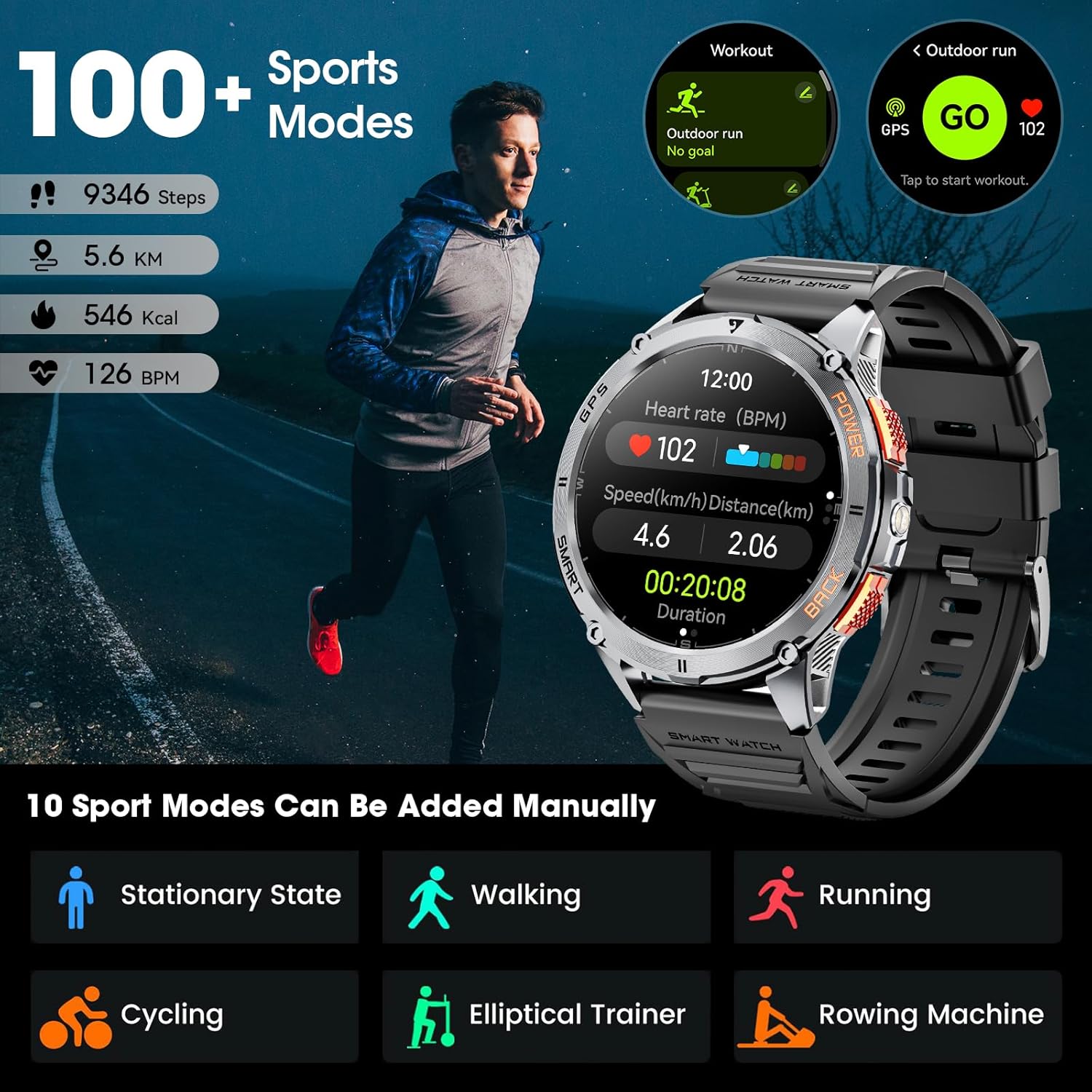 Detalle 2 de Joautrial GPS Smart Watch for Men (Make/Answer Call) with 1.43" AMOLED, 170+ Sports Modes, and 530mAh Battery