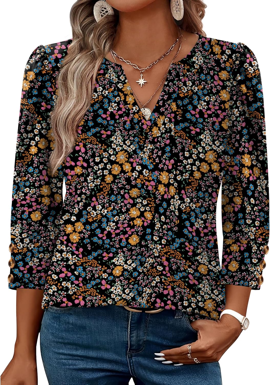Detalle 2 de WIHOLL 3/4 Length Sleeve V-Neck Blouse with Button Cuffs