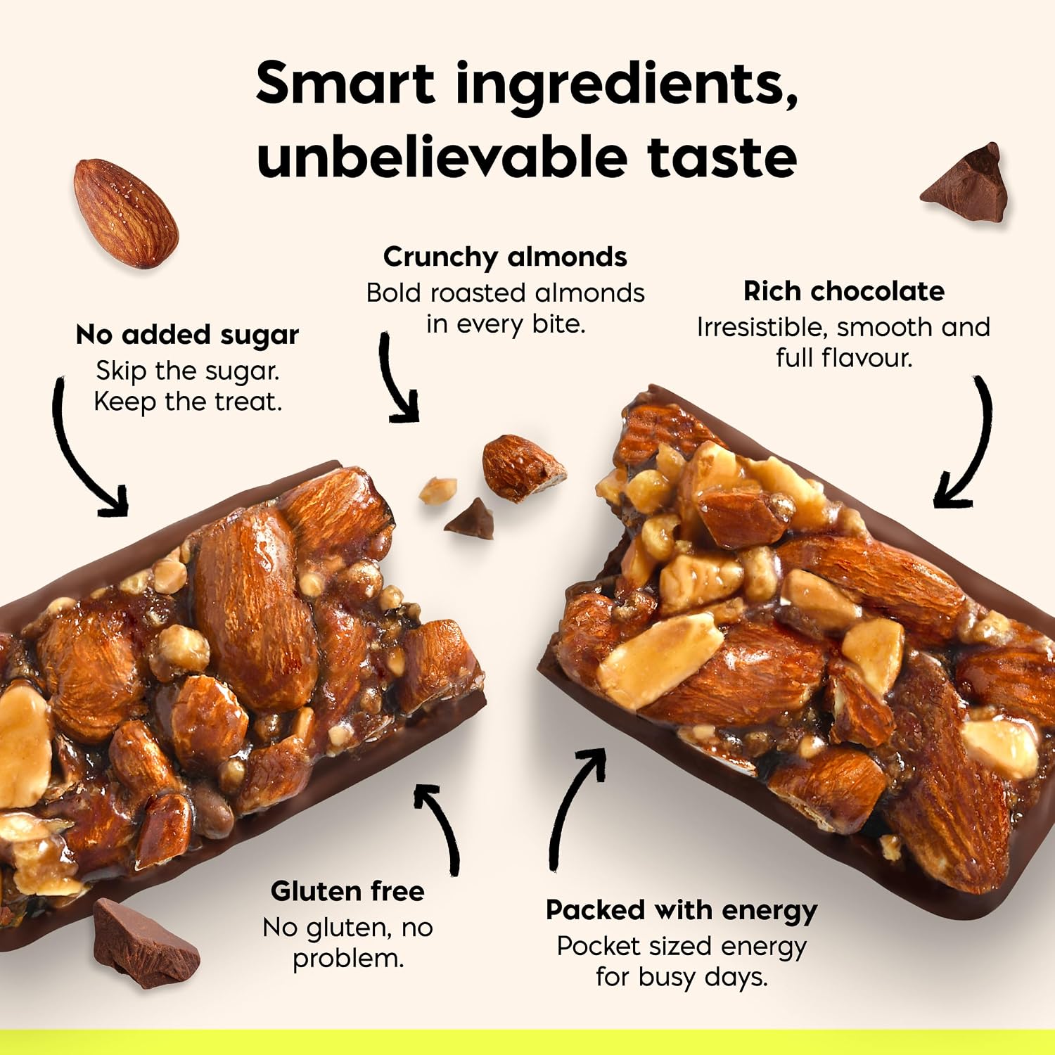 Detalle de N!CK'S Nut Bar Almond Crunch, Vegan Chocolate Snack, Multipack 12 x 40 g