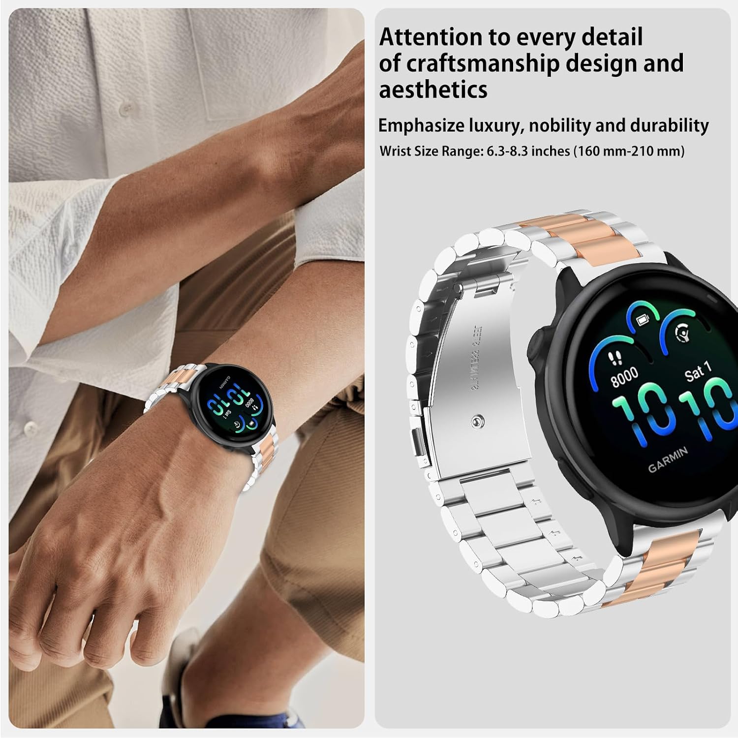 Detalle 2 de SumRioo 20mm Stainless Steel Watch Strap for Garmin Venu, Vivoactive, Forerunner and More