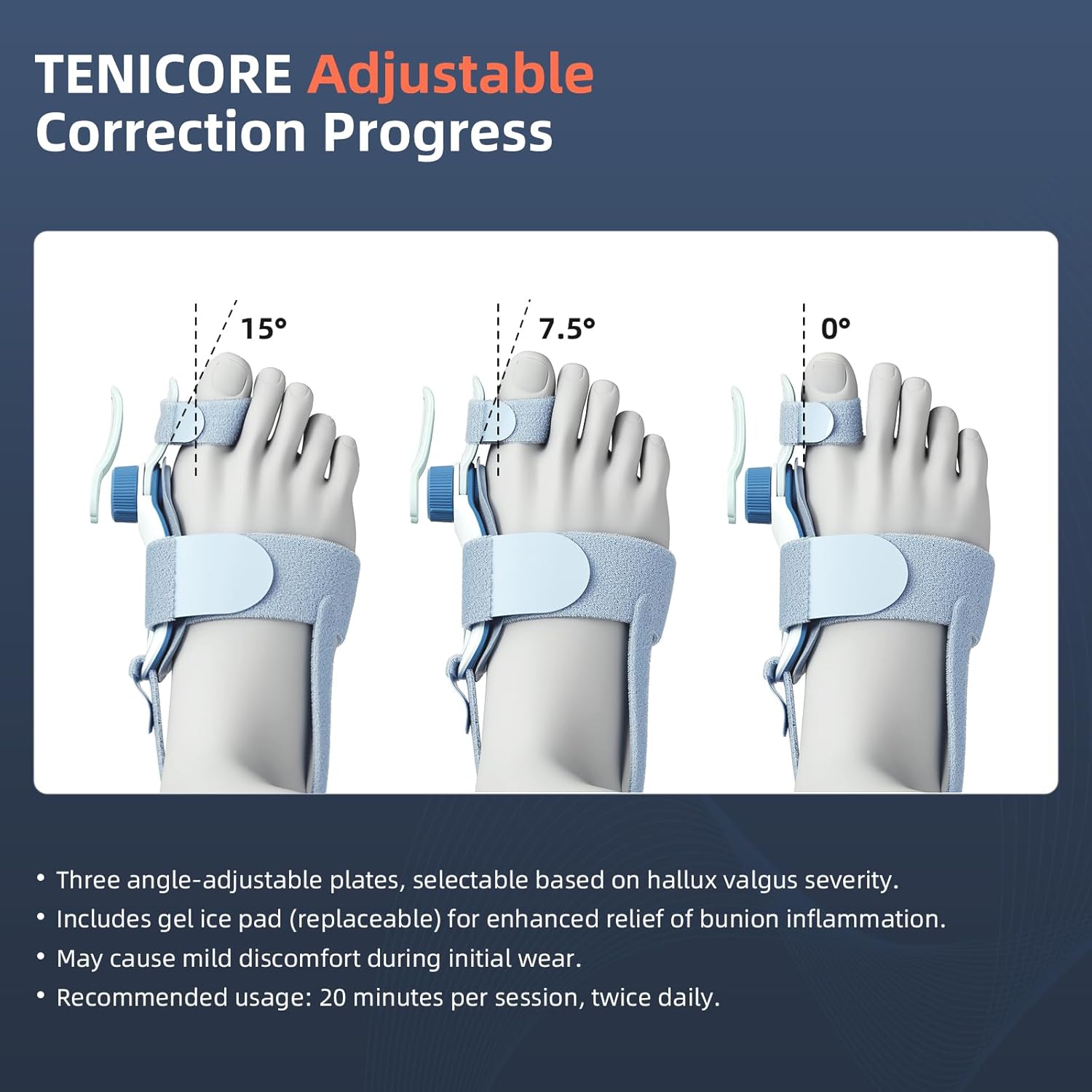 Detalle de TENICORE Adjustable Bunion Corrector with Cooling Gel Pad and Three Fixation Plates