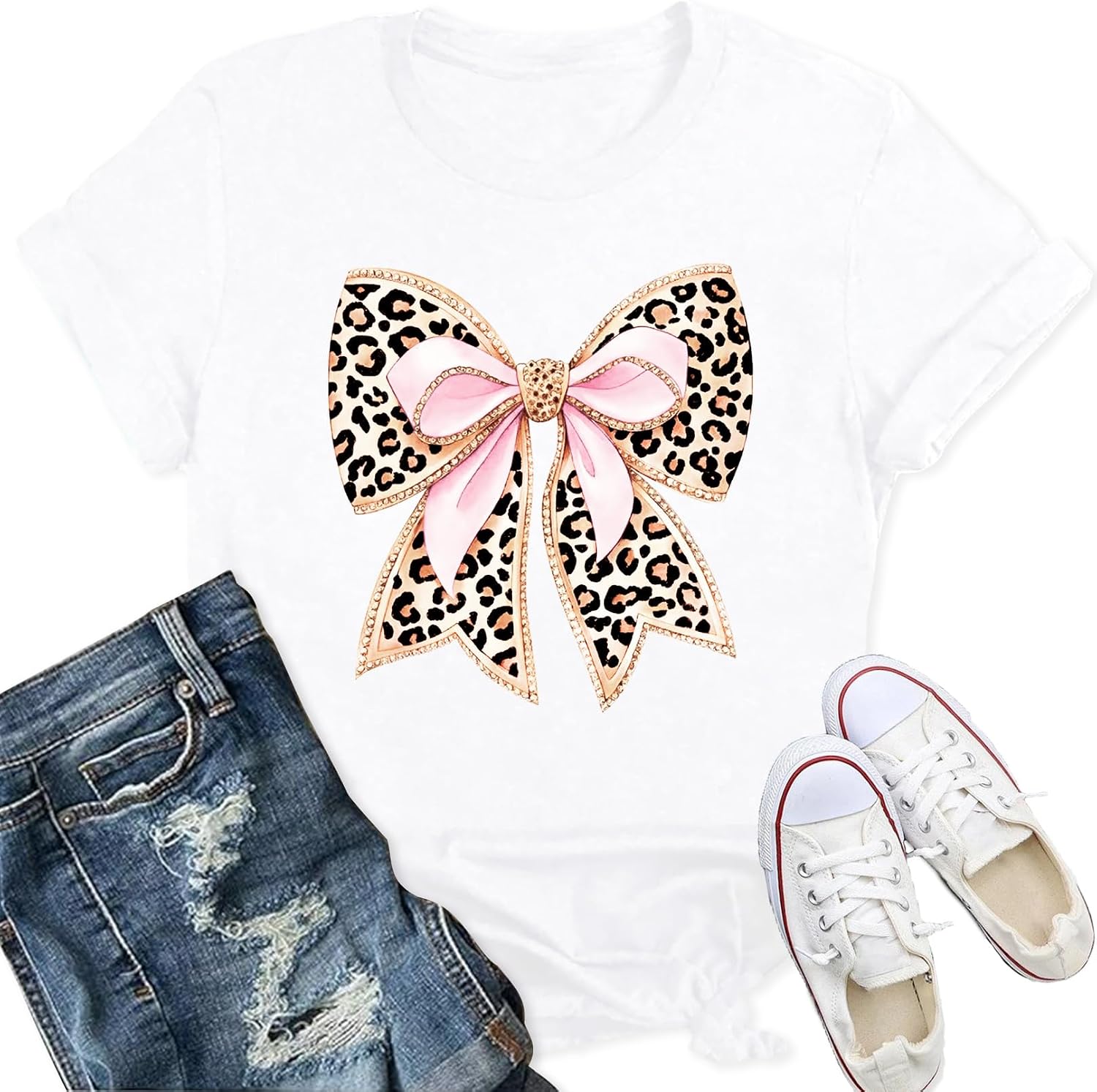 Thumbnail 6 de Qskall Bow-Themed Leopard Print T-Shirt with Pink Bowknot Detail (Women’s)