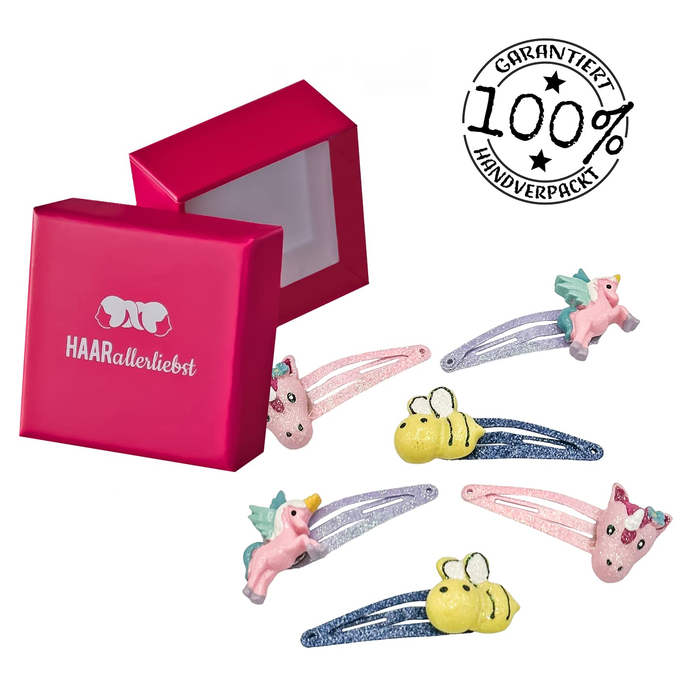 Detalle de Haarallerliebst Haarspangen-Set für Kinder – 6 Stück Biene & Einhorn mit Glitzer, inkl. Aufbewahrungsbox (pink)