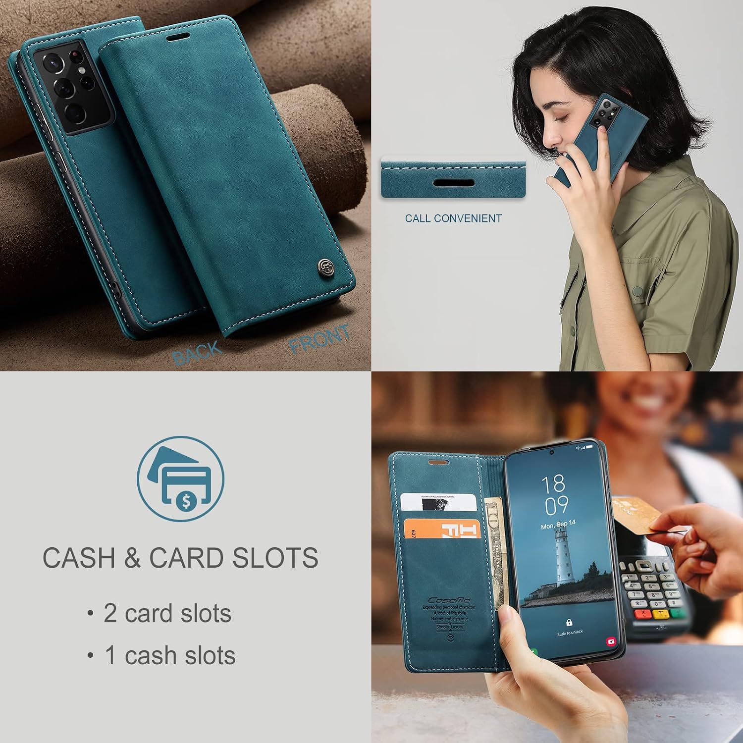 Detalle de Cracedily for Samsung Galaxy S21 Ultra leather flip wallet case with card holder, magnetic closure and kickstand (Blue-Green)