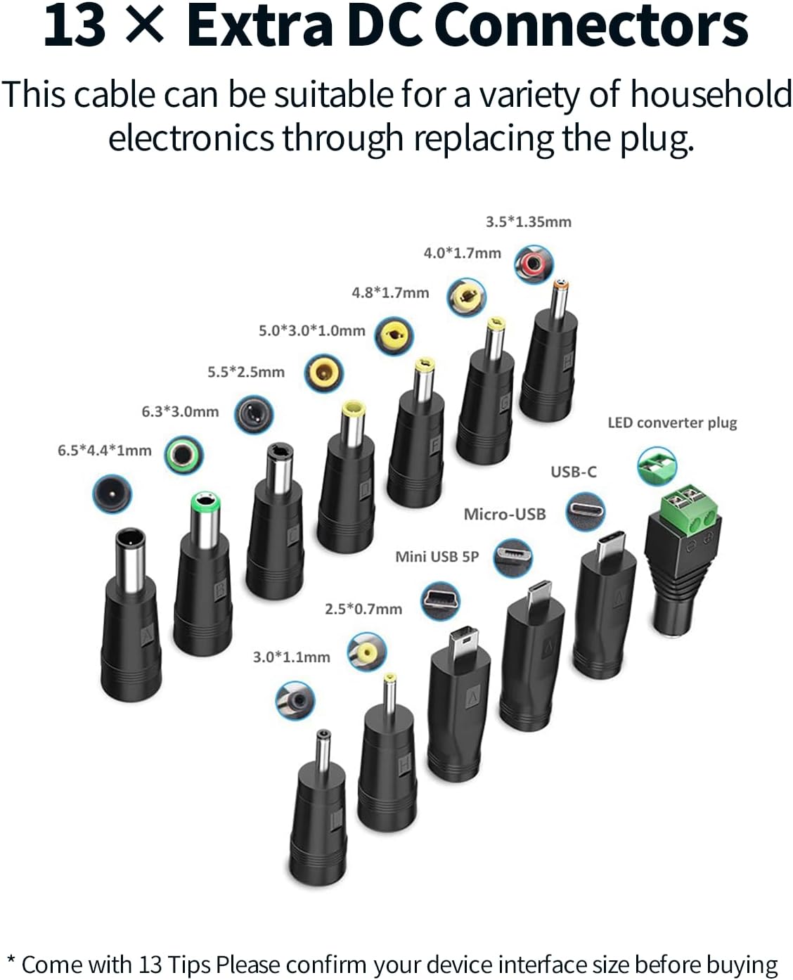 Thumbnail 6 de TONTON USB-A auf DC Stecker Ladekabel (13-in-1) mit 13 Hohlsteckern, 1,5 m, schwarz