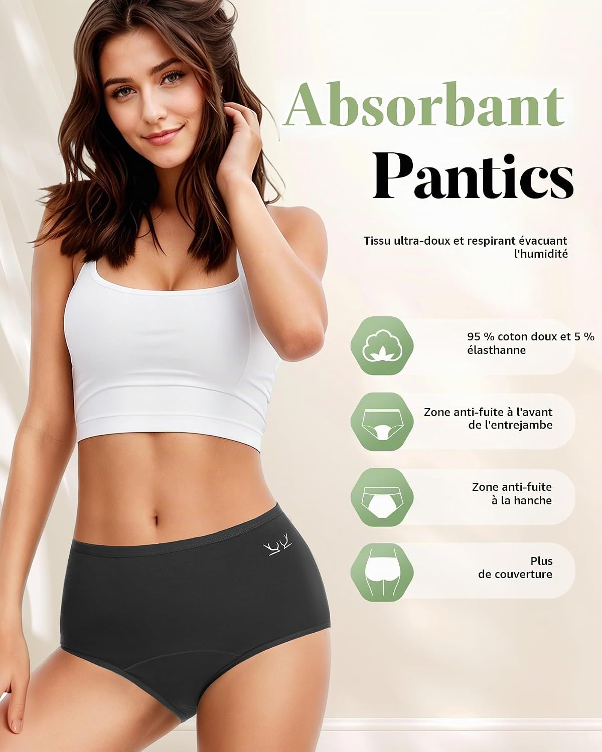 Detalle de TANSTC Culotte Menstruelle Absorbante – Culotte De Règles Lavables, Taille Haute, Flux Léger à Abondant