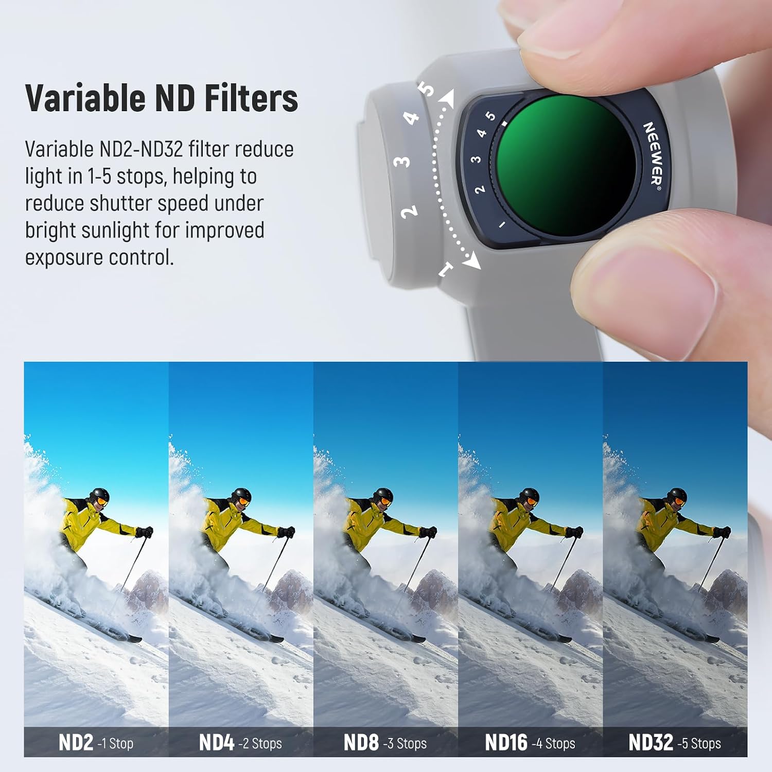 Detalle de Neewer ND Filter Set for DJI Osmo Pocket 3 Creator Combo: Variable ND2-32, CPL, Black Mist 1/4 + Wide Angle Lens