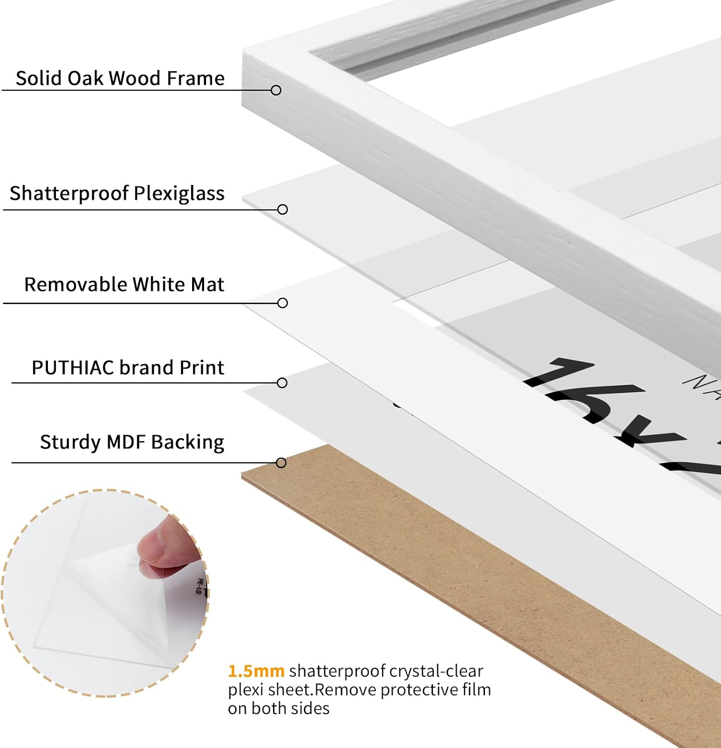Detalle 2 de puthiac 16x20 Solid Oak Wood Picture Frame – 3 Pack in White (Fits 12x16 with Mat or 16x20 Without Mat)